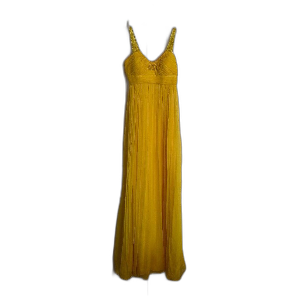 NWT Aidan Mattox Beaded Long Silk Yellow Chiffon Dress Size 0 Color Sun